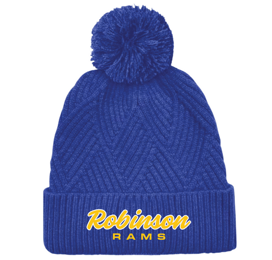 Embroidered Textured Cuff Pom Beanie Royal Blue