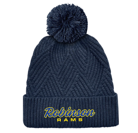 Embroidered Textured Cuff Pom Beanie Navy